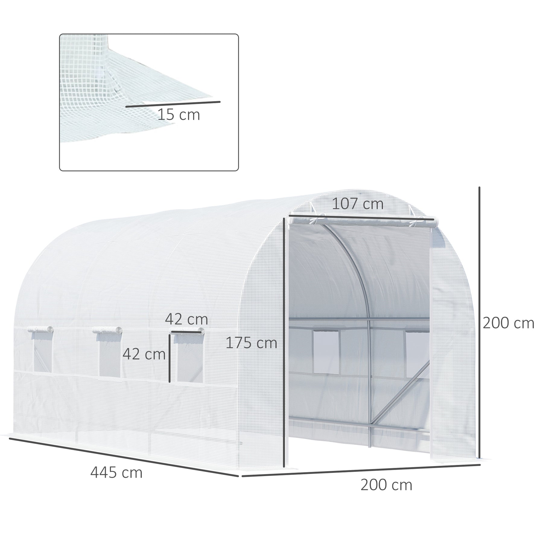 Serre tunnel de jardin 9m², serre de jardin tunnel avec porte et 6 fenêtres, bâche PE 140 g/m² 445 x 200 x 200 cm blanc