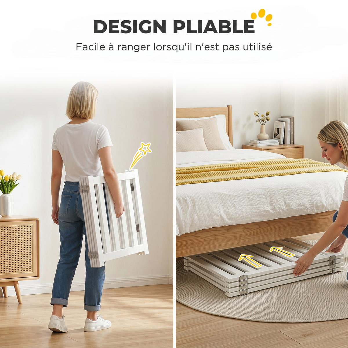Barrière de Sécurité Chien Pliable Double Face en Bois, 4 Panneaux avec Porte, Pieds de Support, 205 x 60 cm, Blanc
