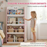 Bibliothèque pour enfant, rangement livre enfant 4 niveaux en thème barbe à papa, 60x12x108cm, rose