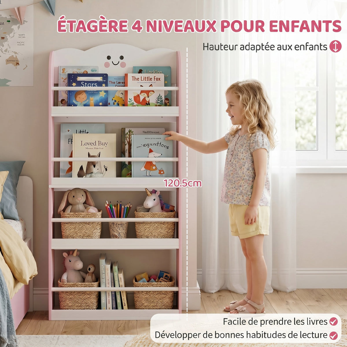 Bibliothèque pour enfant, rangement livre enfant 4 niveaux en thème barbe à papa, 60x12x108cm, rose