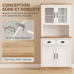 Buffet Haut Cuisine, Armoire Cuisine, 4 Portes dont 2 en Verre, 2 Tiroirs, Plan de Travail, Étagères Réglables, Blanc