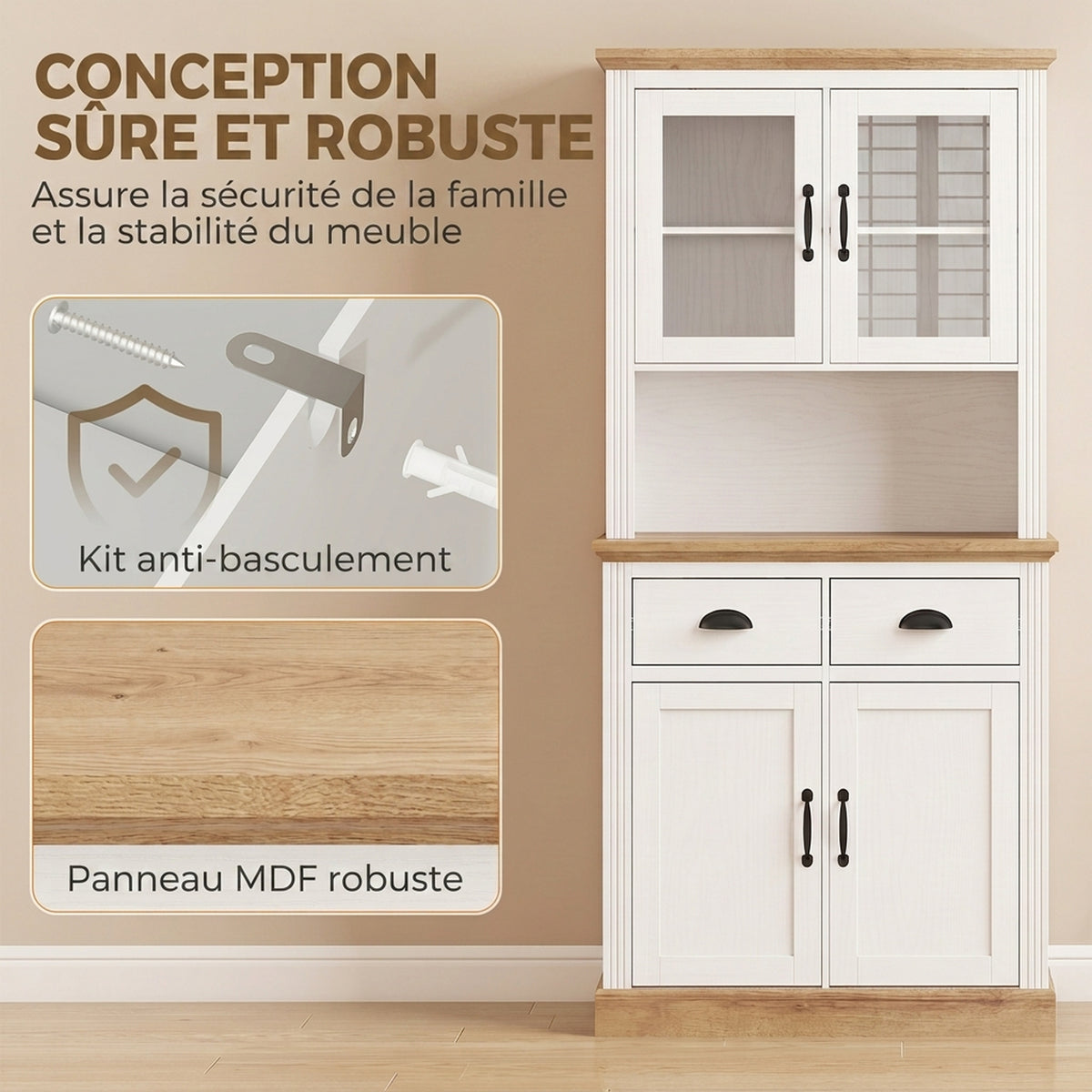 Buffet Haut Cuisine, Armoire Cuisine, 4 Portes dont 2 en Verre, 2 Tiroirs, Plan de Travail, Étagères Réglables, Blanc