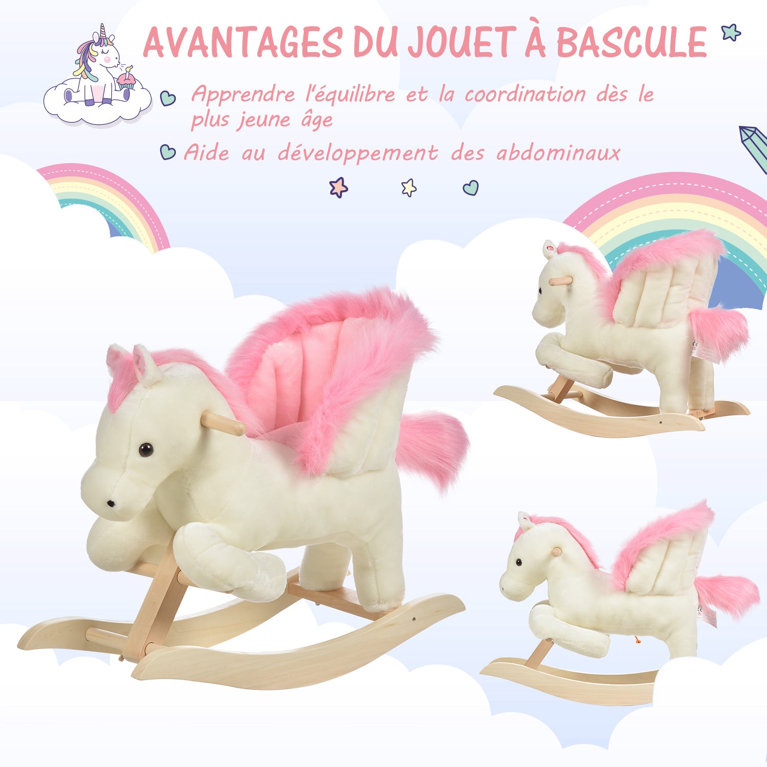Cheval à Bascule Fonction Musicale Selle Grand Confort Peluche Courte Douce Pour Enfants 18-36 Mois Bois peuplier Blanc et Rose dim. 70L x 28l x 57H cm