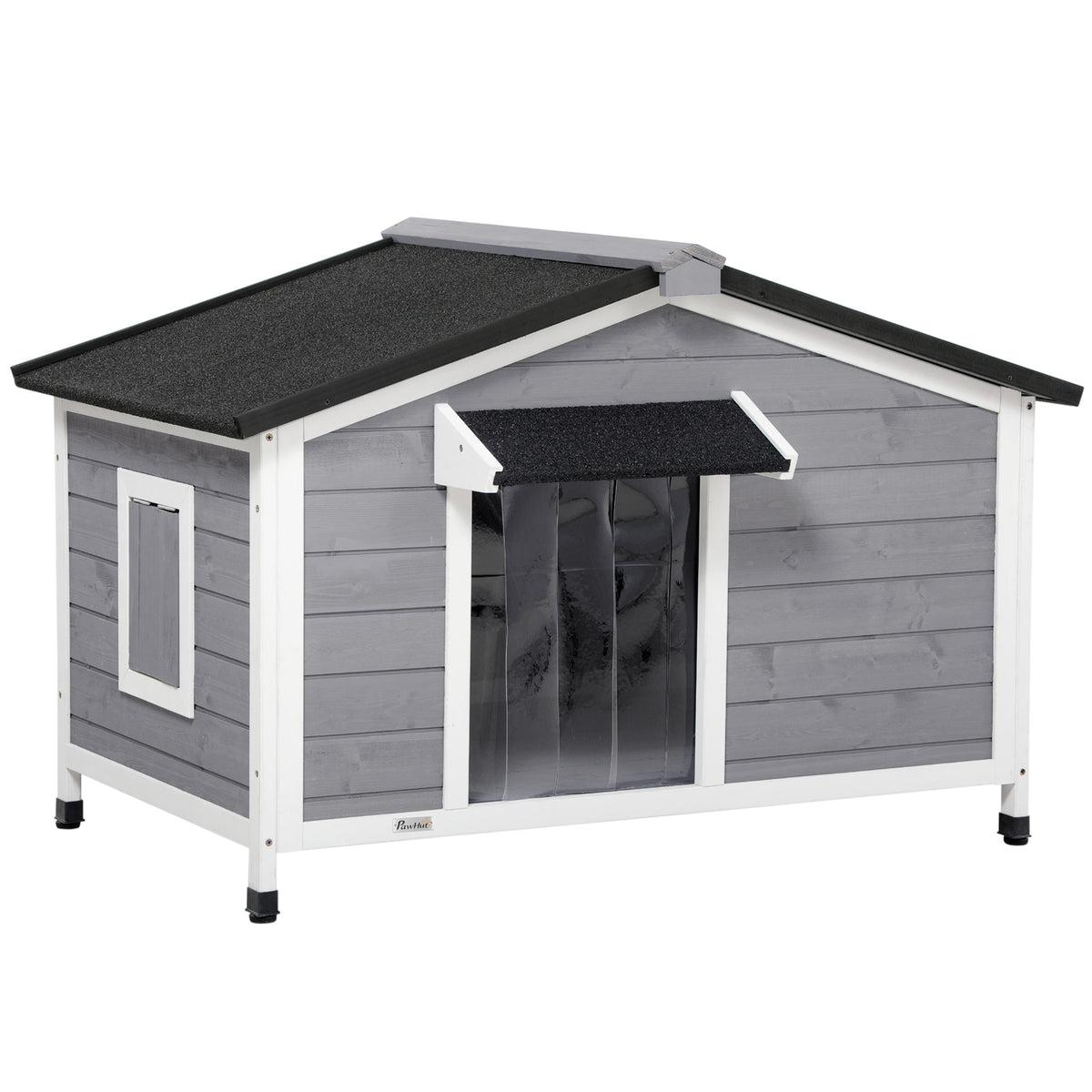 Niche chien style cottage - 2 fenêtres, porte, toit ouvrant bitumé - dim. 109 x 79 x 72 cm - bois sapin gris
