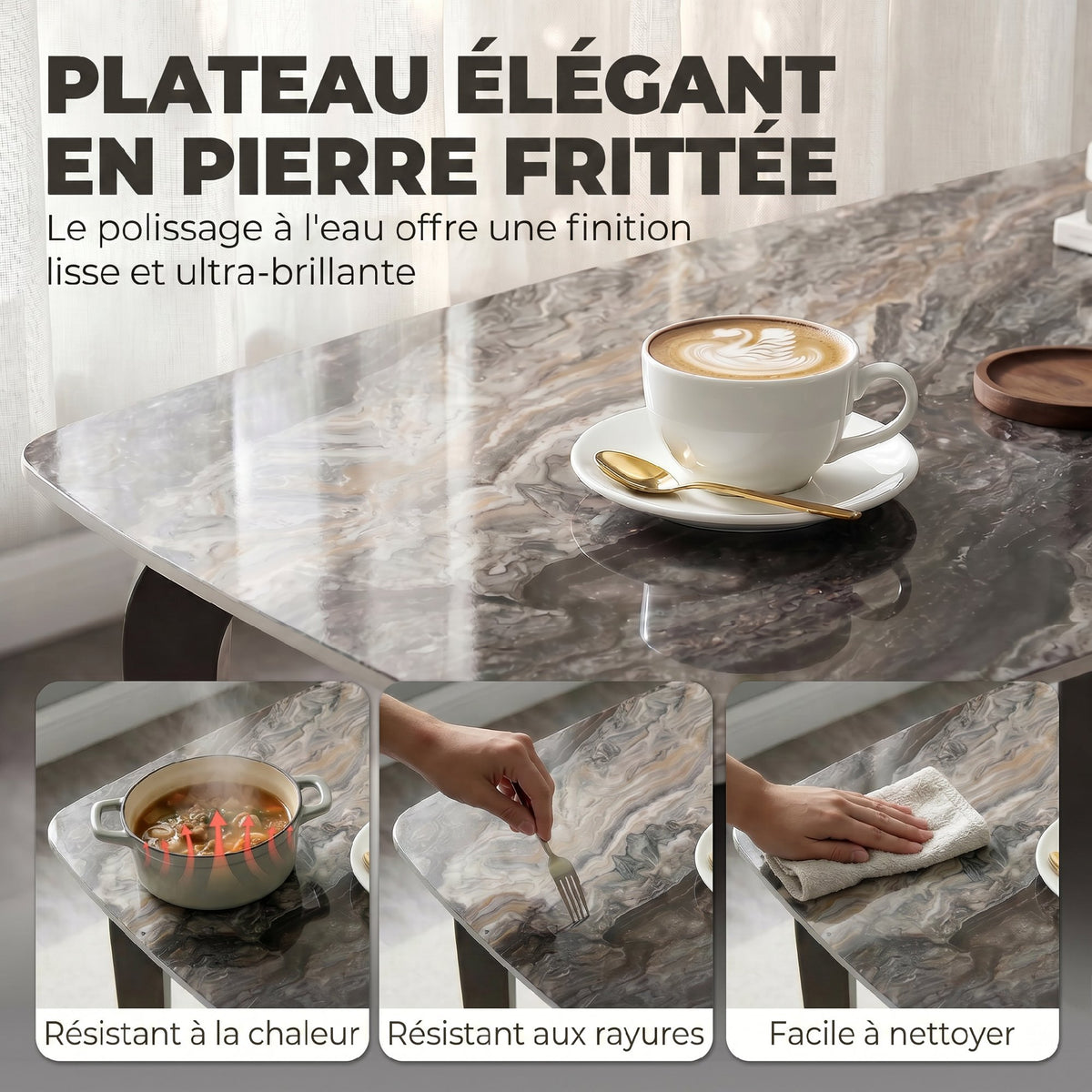 Table à manger rectangulaire pour 4 personnes, 130 x 70 x 75 cm, table de cuisine avec plateau en pierre frittée, marron