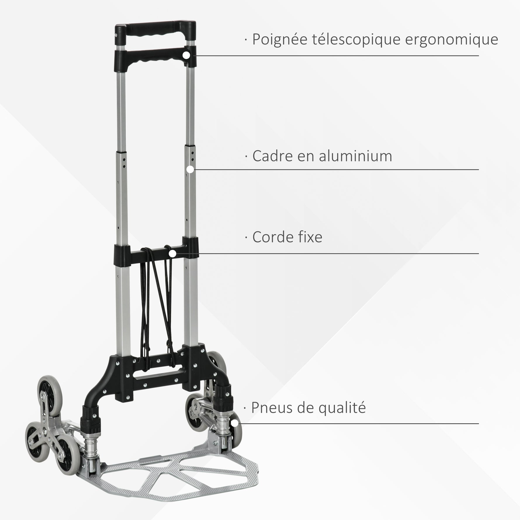 Diable escalier pliant en aluminium avec 6 roues et sangle - charge de 70 kg avec - argent et noir