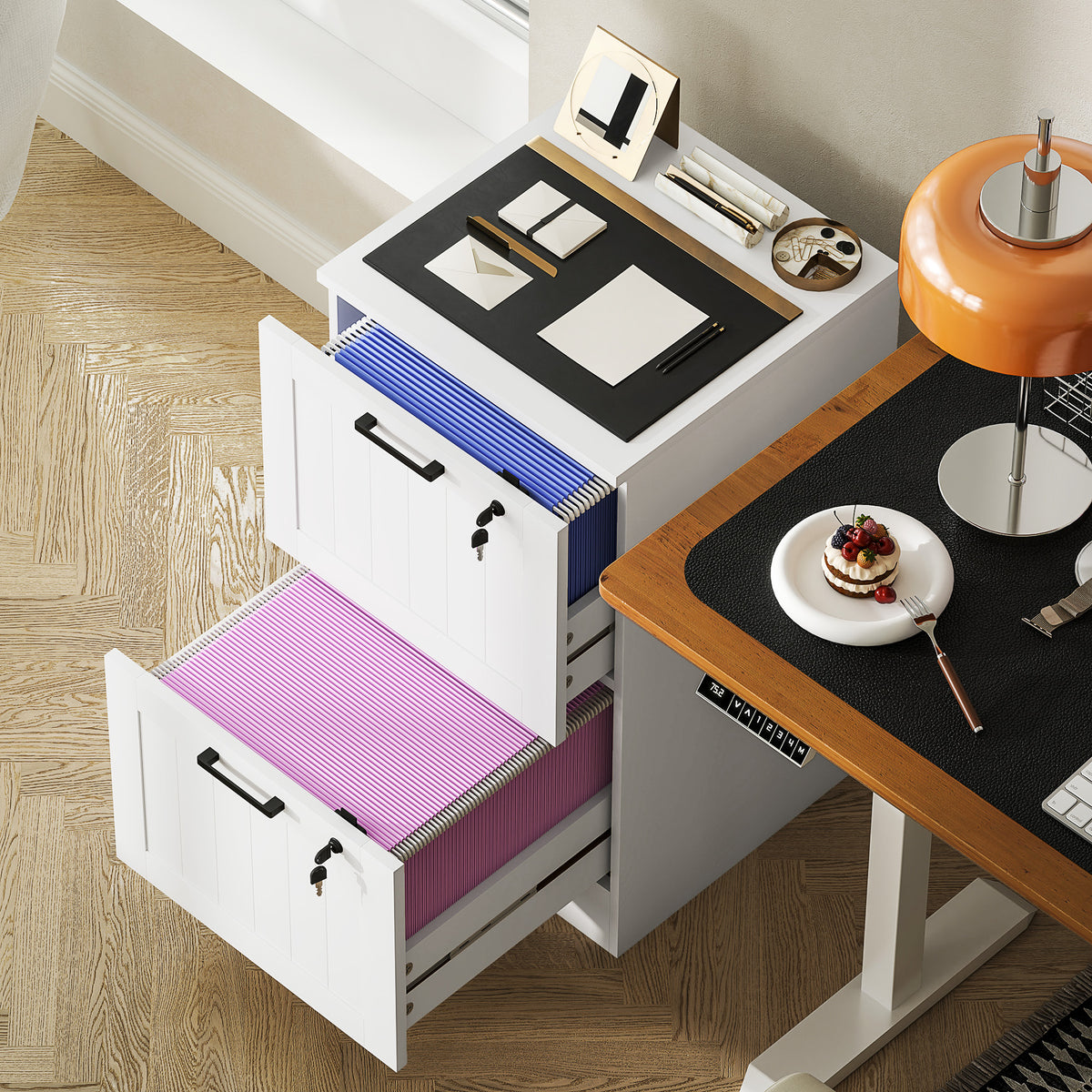 Caisson bureau, meuble rangement bois 2 tiroirs et serrure, barres de suspension réglables, 40 x 40 x 71 cm, blanc