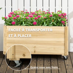 Jardinière de jardin surélevée bac à fleurs roues en bois de sapin dim. 89L x 48l x 47H cm bois naturel
