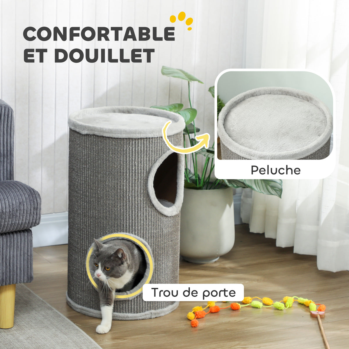 Tonneau à Gratter pour Chat, Tour à Griffer, Arbre à Chat à 2 Couches en Sisal Naturel, Ø35x60cm, Gris Clair