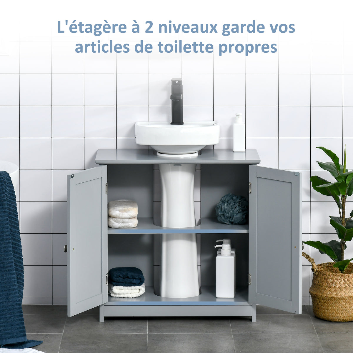 Meuble salle de bain sous lavabo - meuble sous-vasque - placard 2 portes avec étagère 60L x 30l x 60H cm - en bois Gris