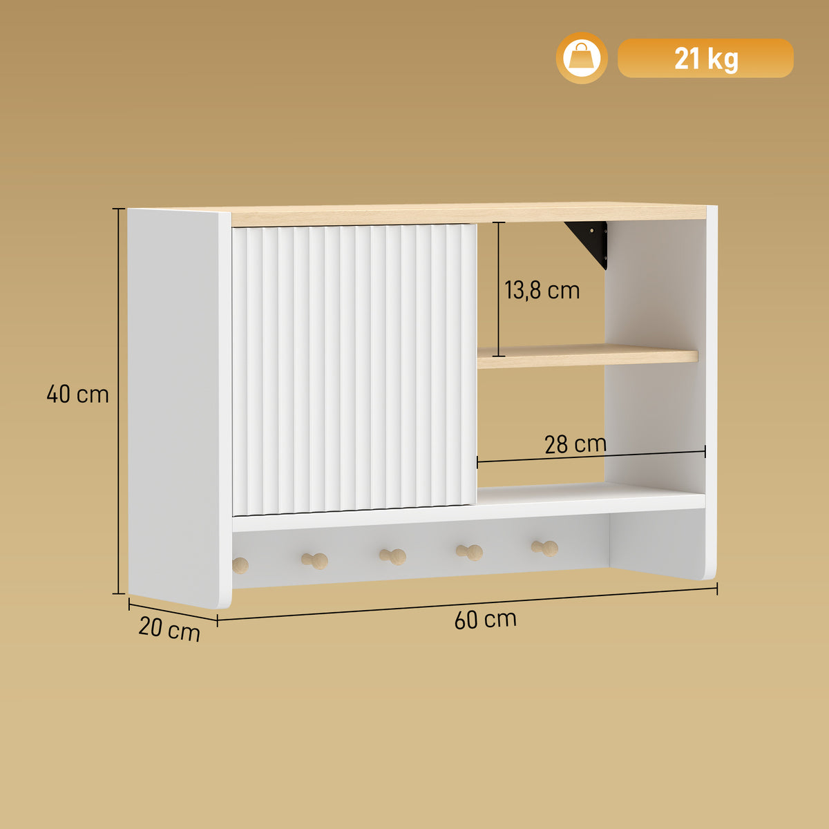 Armadietto da bagno a parete, mobile contenitore per bagno con anta, ripiani a giorno e 5 ganci