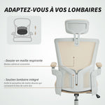 Chaise bureau ergonomique, fauteuil de bureau, accoudoirs relevables, soutien lombaire, appui-tête, 60x63x120cm, beige
