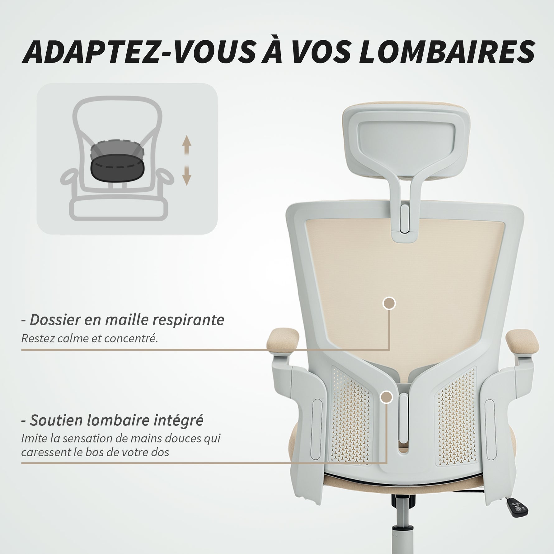 Chaise bureau ergonomique, fauteuil de bureau, accoudoirs relevables, soutien lombaire, appui-tête, 60x63x120cm, beige