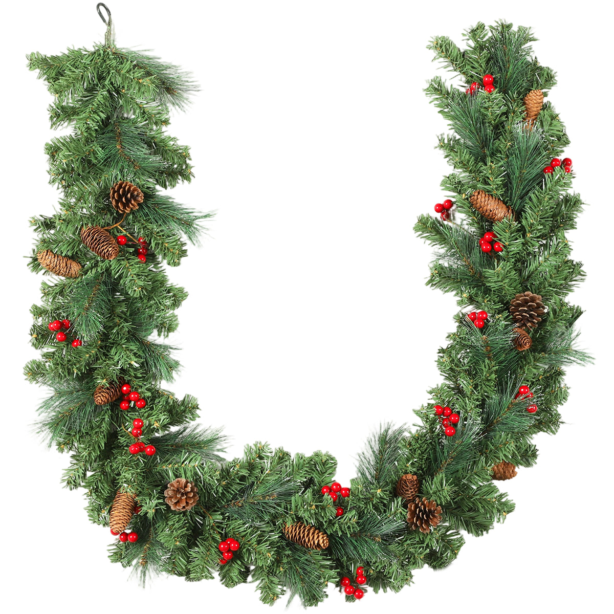 Guirlande de Noël artificielle 180 cm, décoration de Noël, 162 branches denses, pommes de pin, grappes de baies, vert