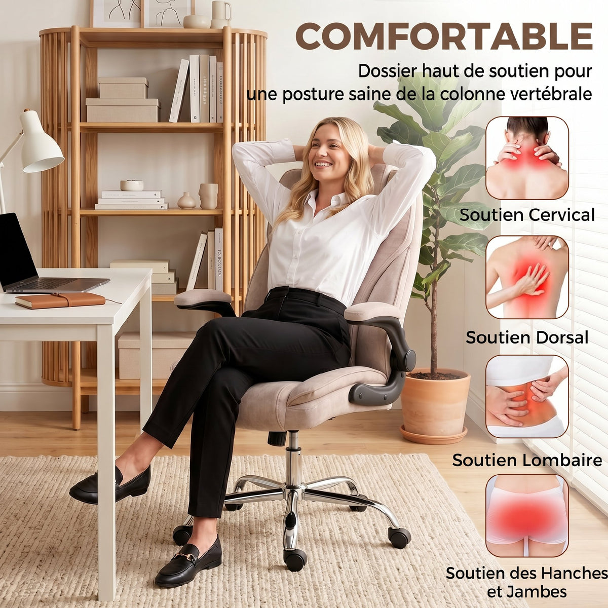 Fauteuil de bureau, chaise bureau ergonomique, hauteur réglable, accoudoirs relevables, 70 x 70 x 114-122 cm, rose