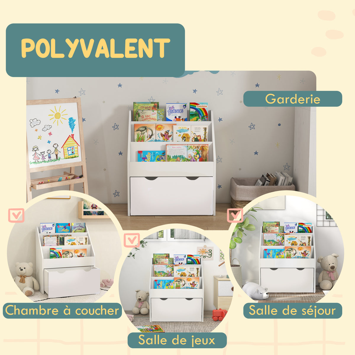 Bibliothèque pour enfants Multi-Rangement avec 3 niveaux d'étagères et un tiroir, 62,5L x 30l x 70H cm, blanc