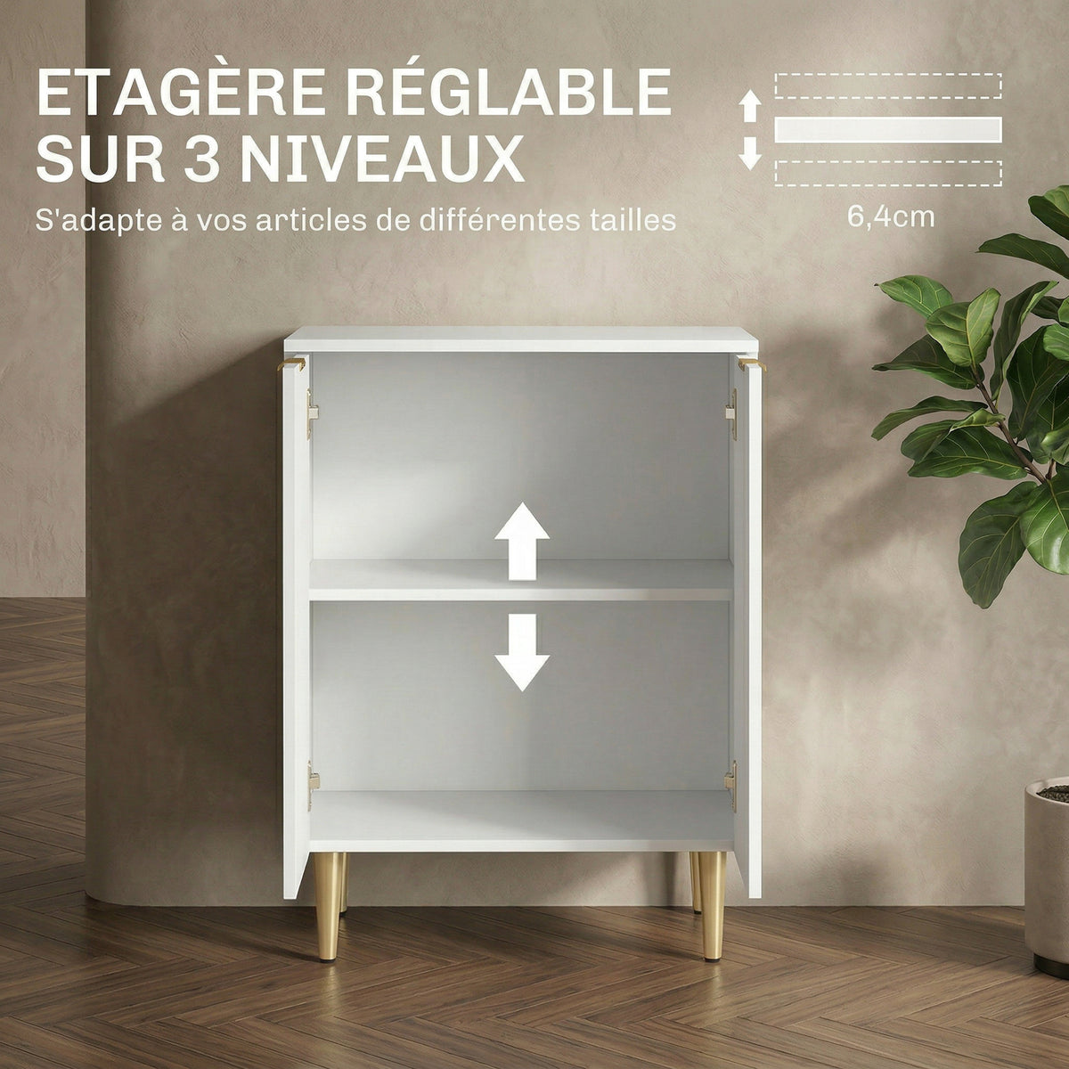 Buffet cuisine meuble de rangement avec 2 portes étagère réglable pieds métalliques surélevés 60 x 40 x 80 cm blanc