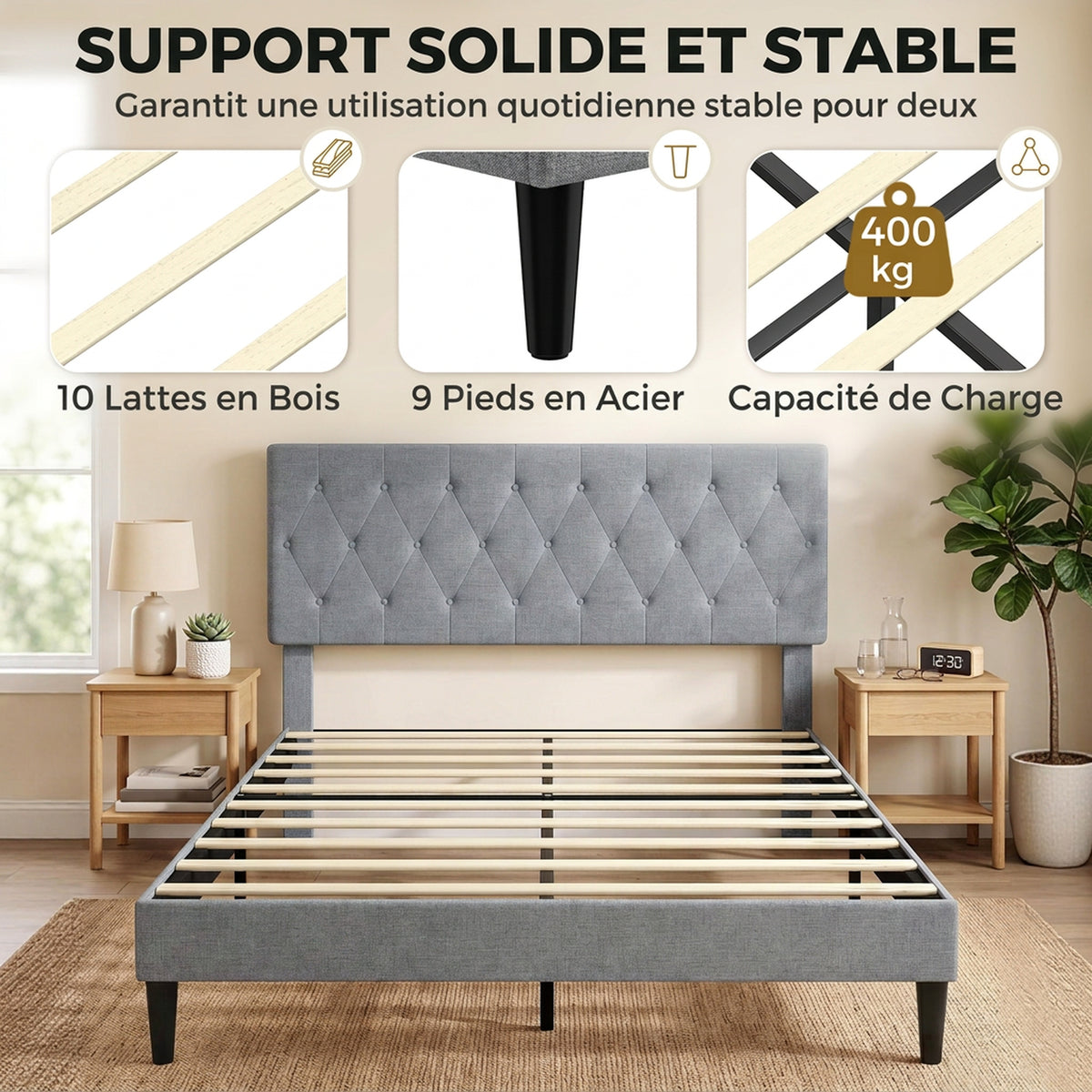 Estructura de cama de 140 x 190 cm con somier, cama doble tapizada en lino, cabecero capitoné, soporte de 10 listones, gris