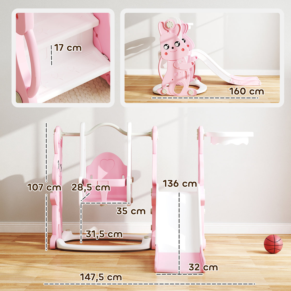 Scivolo e altalena 4 in 1 per bambini con canestro da basket, scivolo, altalena, 147,5x160x107cm, rosa
