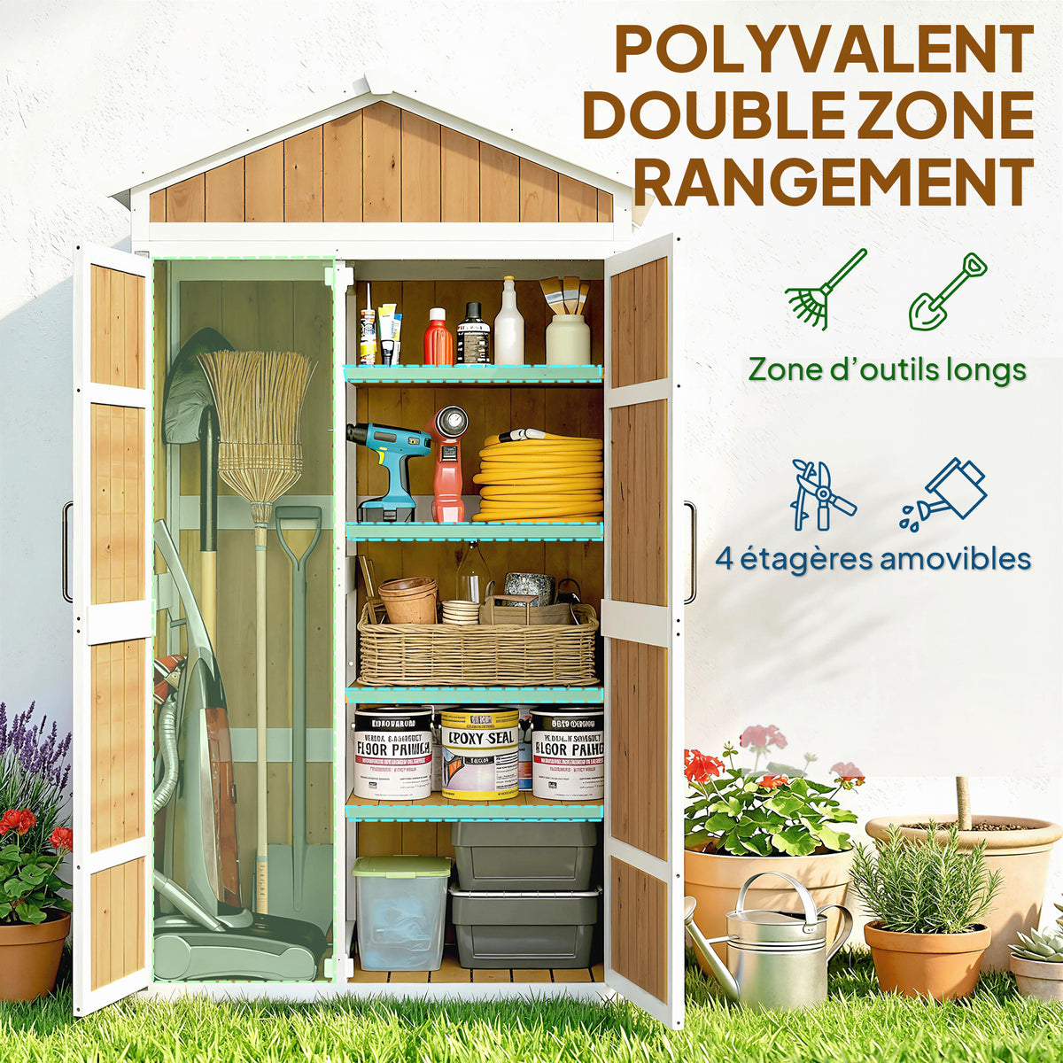 Armoire de Jardin Abri de Jardin Étanche avec Toit en Métal Double Porte pour Outils de Jardinage 105x55x179cm Naturel