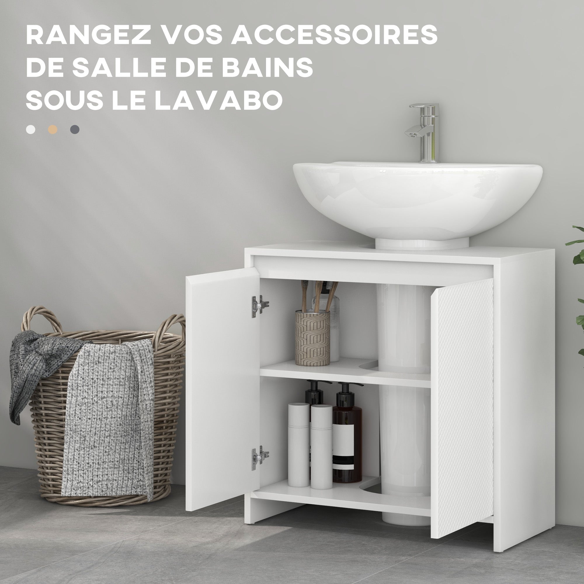 Meuble sous vasque 2 portes avec étagère réglable armoire de rangement pour lavabo 60l x 30P x 60H cm blanc