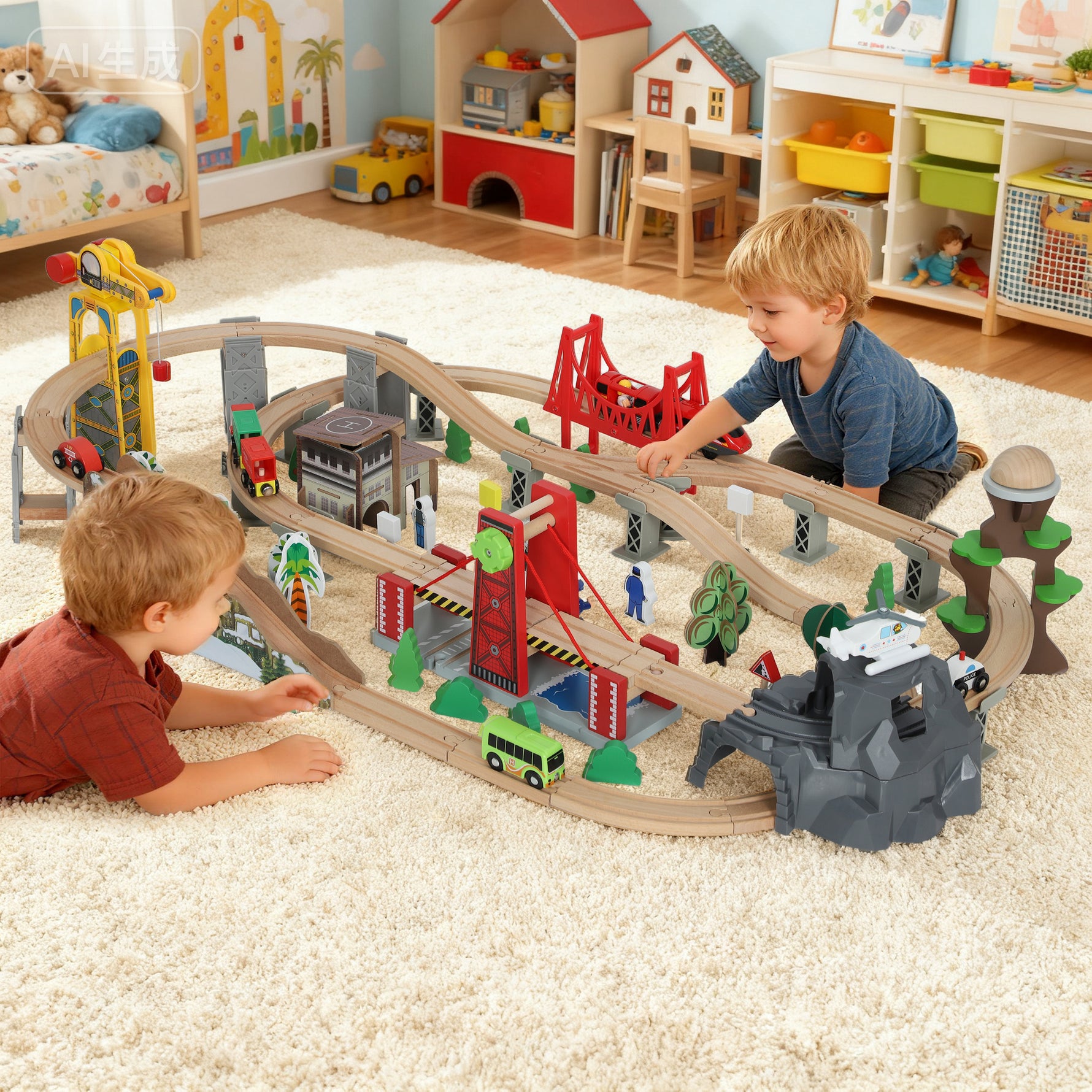 Set de Train en Bois pour Enfants, 100 Pièces, Jouets Ferroviaire Magnétique avec Grue, Pont, Hélicoptère, Multicolore