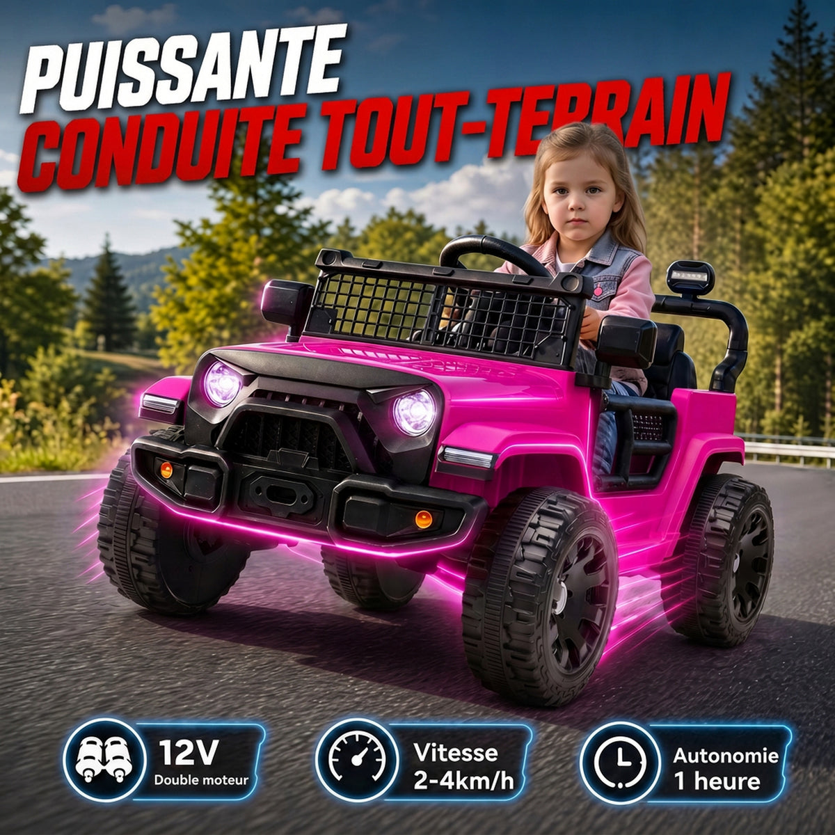Elektro-Kinderauto 12V, Elektro-Buggy für Kinder, 2-4 km/h, 2 Motoren, Fernbedienung, Lithium-Akku, Rosa