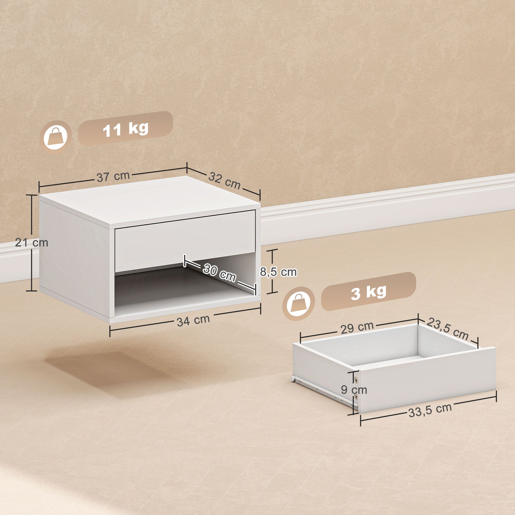 Lot de 2 tables de chevet murales, tables de nuit, tiroir, compartiment ouvert, plateau, 37 x 32 x 21 cm, blanc