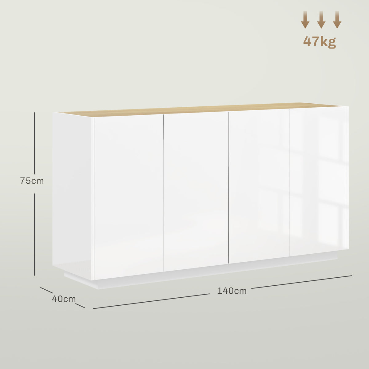 Buffet salle à manger buffet cuisine 4 portes à fermeture douce et étagères réglables 140l x 40P x 75H cm blanc laqué