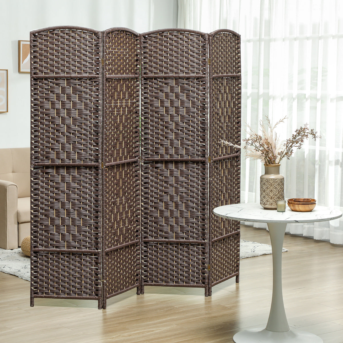 Biombo interior de madera de 4 paneles, separador de ambientes plegable para salón y dormitorio, 180 x 180 cm, marrón