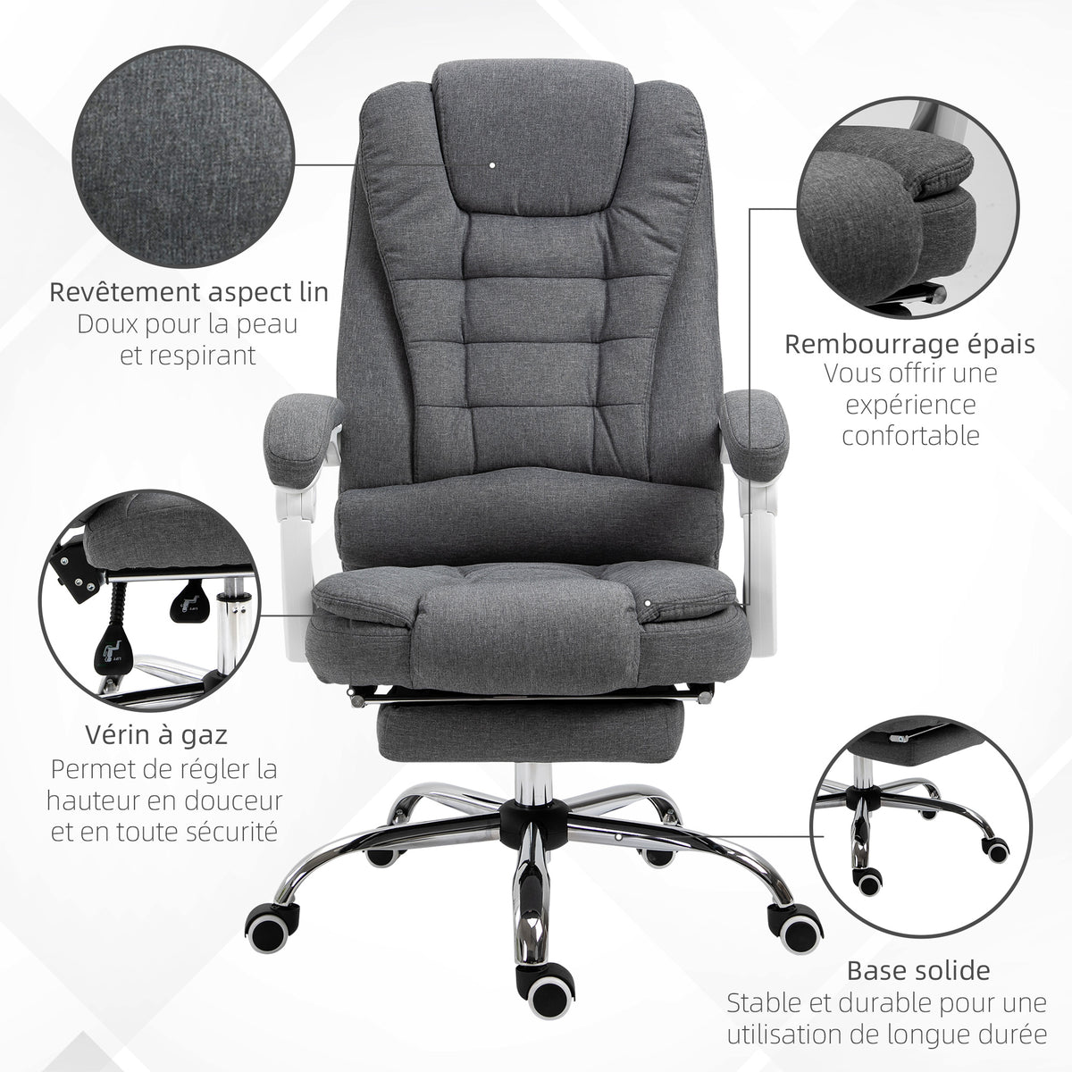 Fauteuil de bureau manager chaise pour ordinateur avec repose-pied dossier inclinable accoudoirs rembourrés en lin gris