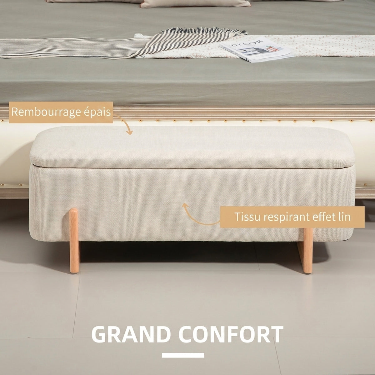 Panca contenitore, fondo letto imbottito, cerniere di sicurezza, gambe a U in legno di gomma stabile, crema