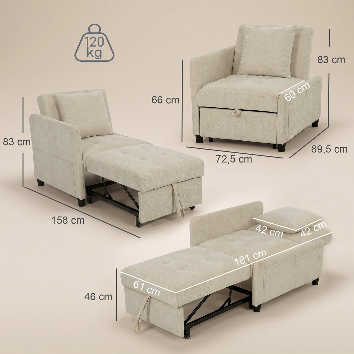 Poltrona Convertibile 1 Posto, Poltrona Letto Clic-Clac 4 in 1 Imbottita in Ciniglia, Schienale Regolabile, Seduta Ampia, Beige