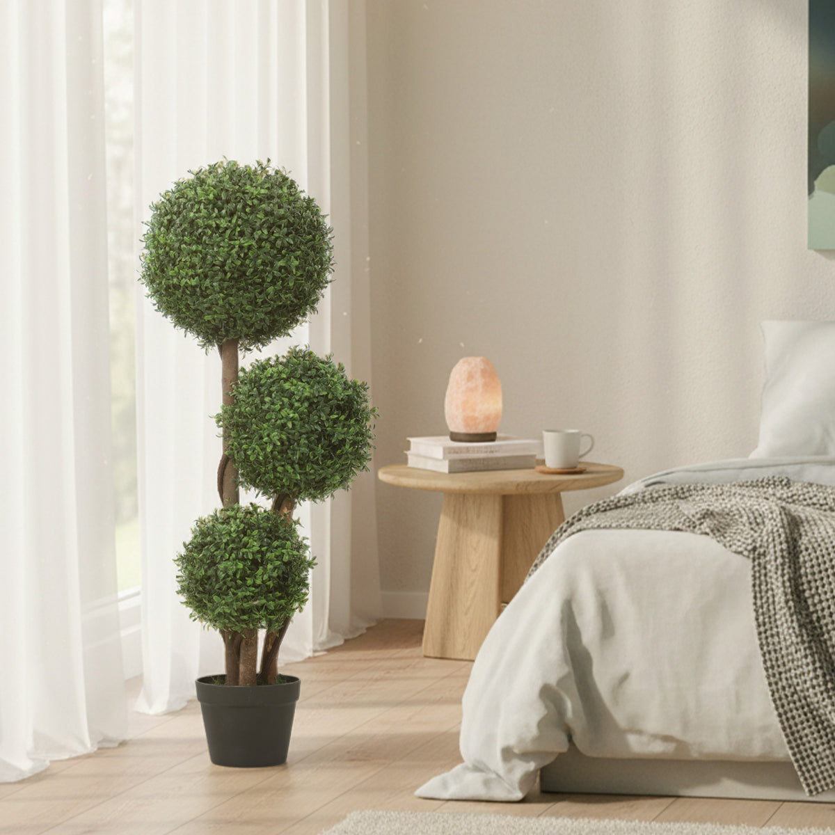 Plante Artificielle 100 cm, 3 Boules de Buis, Pot, Facile à Nettoyer, Arbre Artificiel Intérieur Extérieur, Vert
