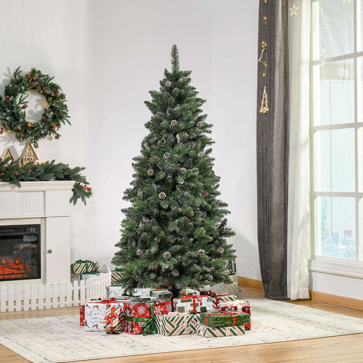 Sapin de Noël Artificiel Aspect enneigé 180H cm 50 Pommes de pin 718 Branches épines Imitation Nordmann Grand réalisme