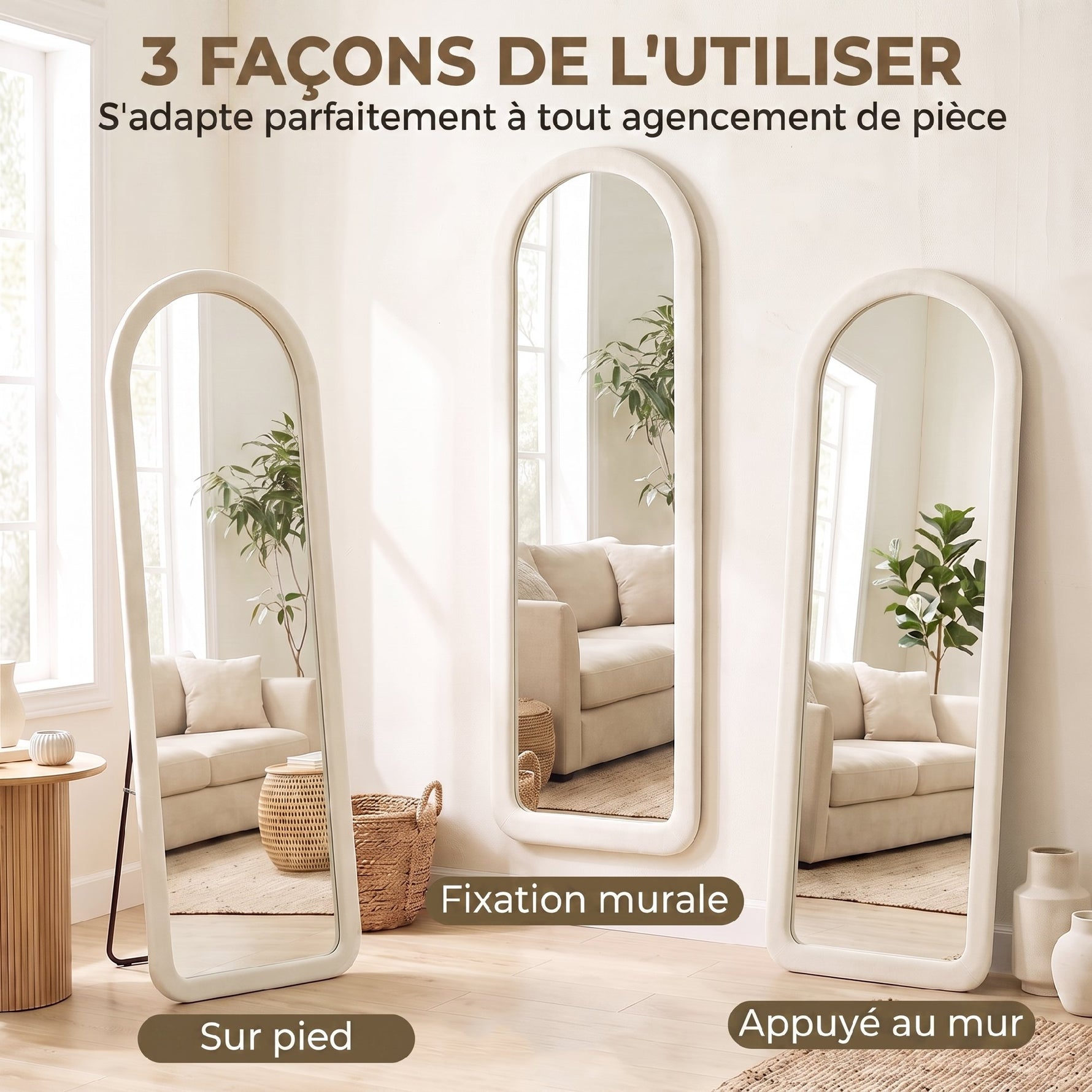 Miroir de Sol Arqué Pleine Longueur 160x60cm, Grand Miroir sur Pied ou Mural, Cadre Effet Velours, Verre Trempé, Crème