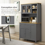 Armoire de cuisine buffet cuisine 5 portes dont 2 portes vitrées et 1 tiroir, 1 niche centrale - hauteur 180 cm gris