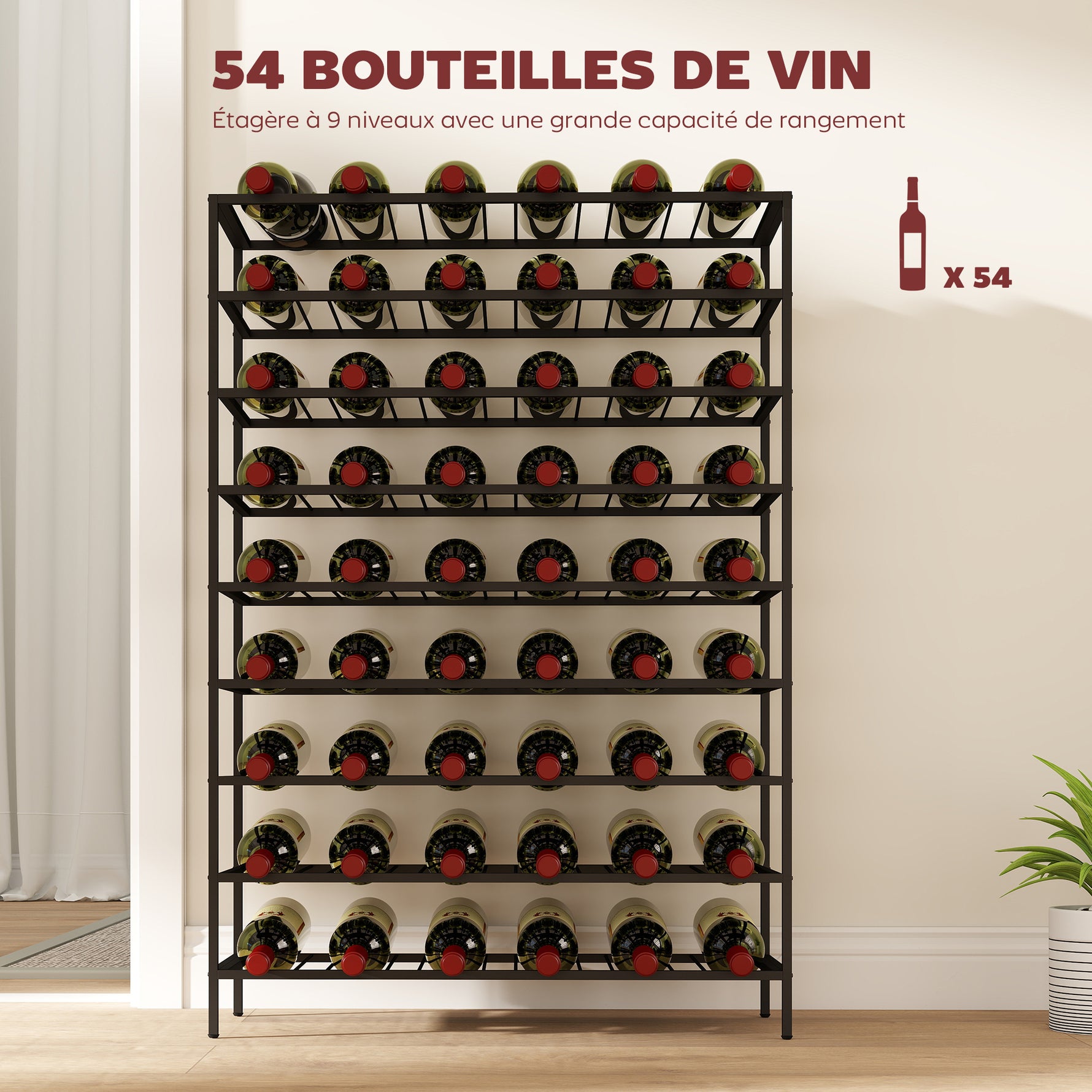 Étagère à vin rack pour bouteilles range-bouteilles capacité 54 bouteilles dim. 63L x 25l x 91H cm métal noir