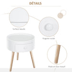 Table basse - table de chevet - table de nuit ronde - design scandinave table d'appoint bout de canapé avec tiroir pieds effilés inclinés bois massif chêne clair blanc