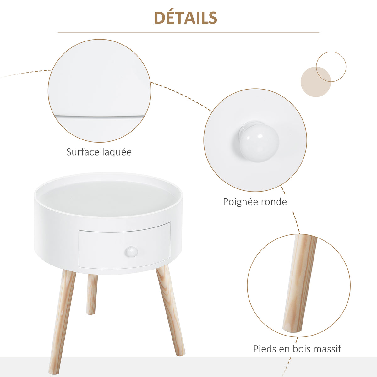 Table basse - table de chevet - table de nuit ronde - design scandinave table d'appoint bout de canapé avec tiroir pieds effilés inclinés bois massif chêne clair blanc