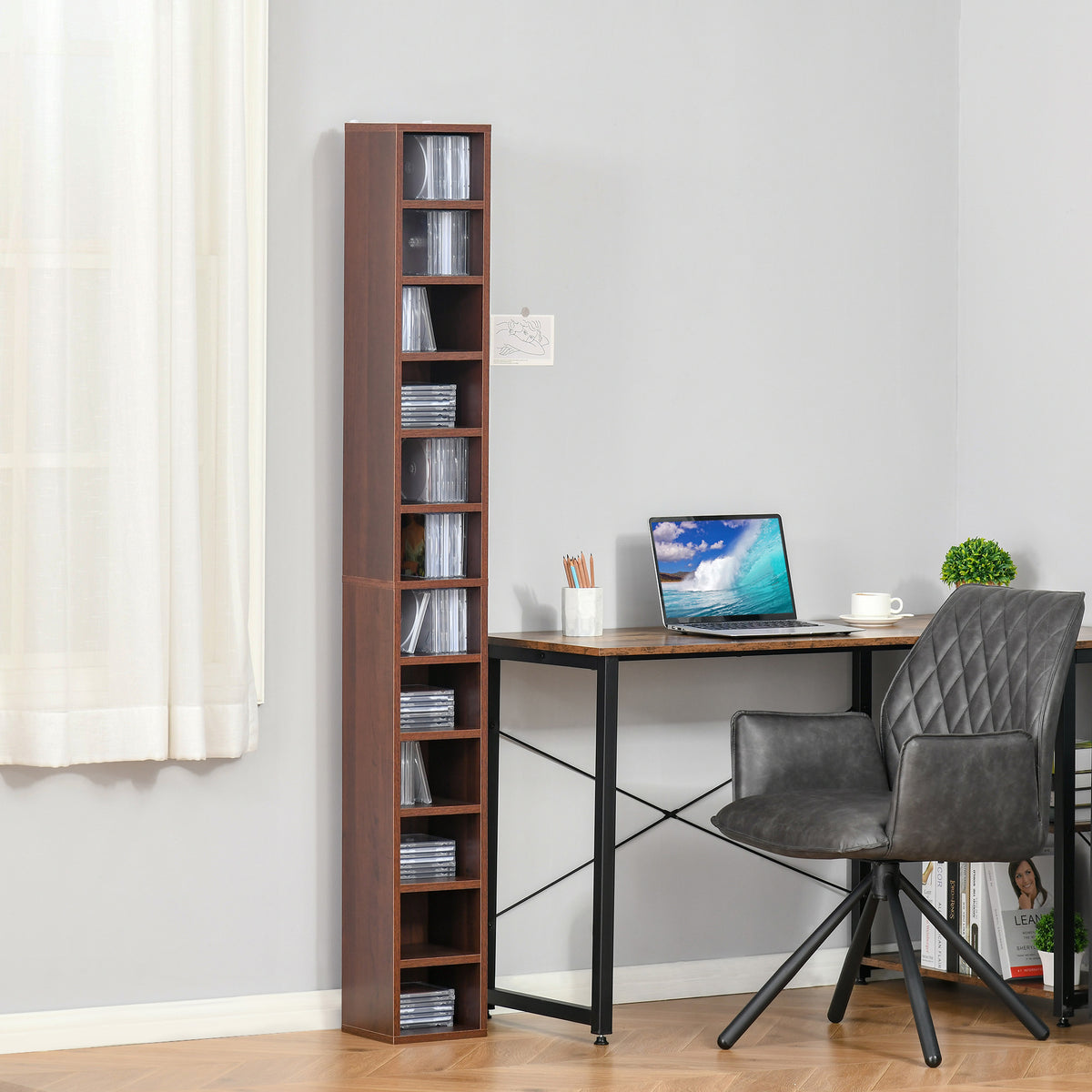 Opbergmeubel voor cd's en dvd's, kolomkast, opbergkast met 12 vakken, max. capaciteit 204 cd's, 21 x 20 x 175 cm, bruin