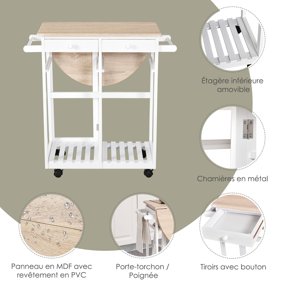 Ensemble Table de Bar Pliable sur roulettes avec étagère et 2 tiroirs + 2 tabourets Bois pin MDF Blanc chêne Clair