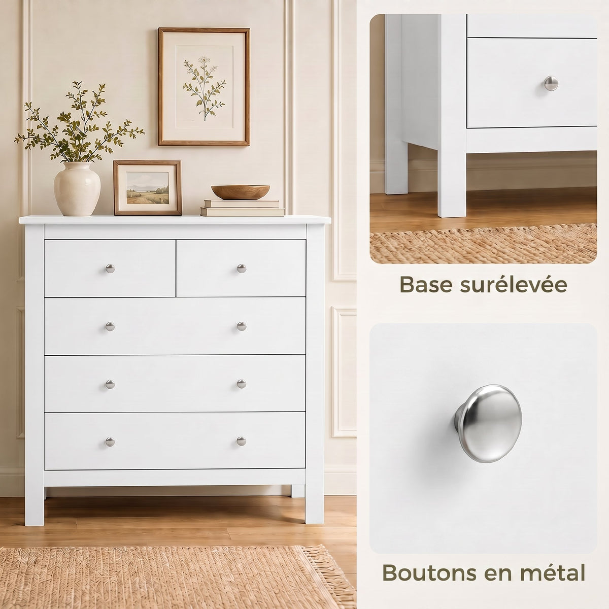 Commode à 5 tiroirs, meuble de rangement, avec poignées, glissières métalliques,  en bois, 79l x 39,5P x 80,5H cm, blanc