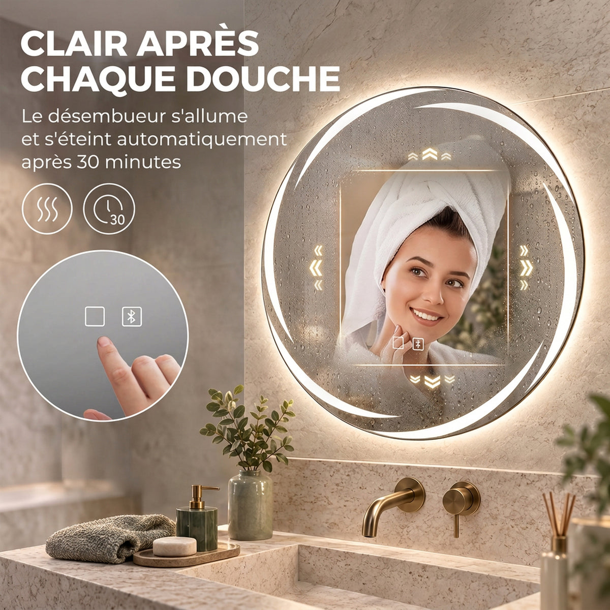 Espejo de baño redondo Ø 60 cm con LED delanteros y traseros, antivaho, altavoz Bluetooth, intensidad regulable