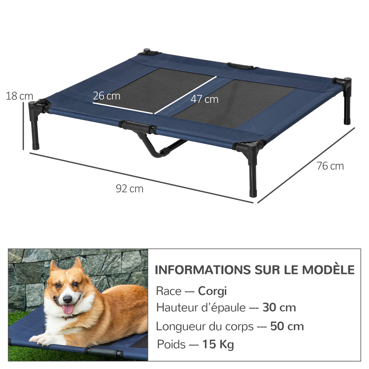 Letto rialzato per cani e gatti, brandina per animali, tessuto Oxford in textilene microforato, acciaio