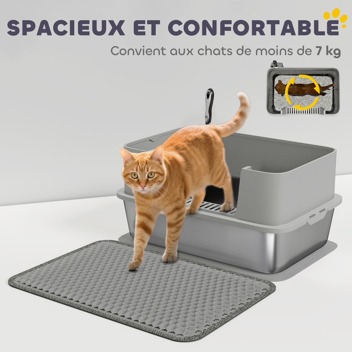 Bac à litière XL en acier inoxydable, maison de toilette pour grand chat, nettoyage facile 60,2 x 40,2 x 29,5 cm, gris