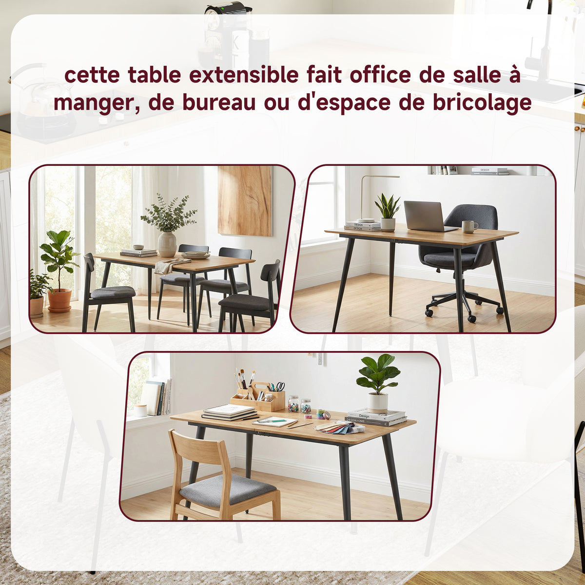 Table à manger pliante table extensible 120-160 cm jusqu'à 6 à 8 personnes avec pieds en acier, naturel