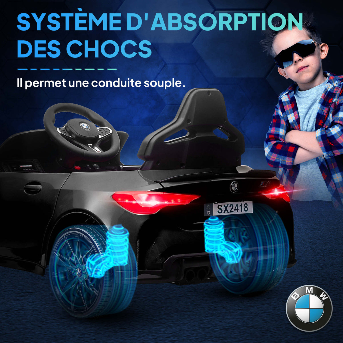BMW M4 Elektroauto für Kinder 12V mit 2,4G Fernbedienung, Doppelmotor, Hupe, LED-Lichtern, Schwarz