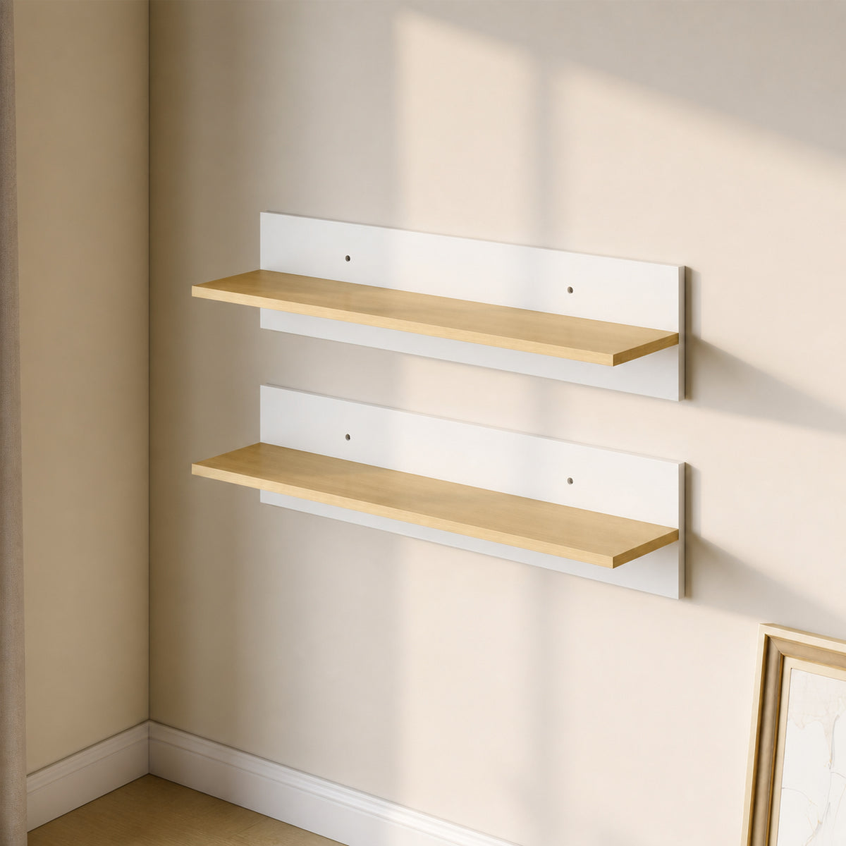 Lot de 2 étagères murales de 80 cm, étagères flottantes pour salon, entrée, chambre et cuisine, blanc et bois naturel