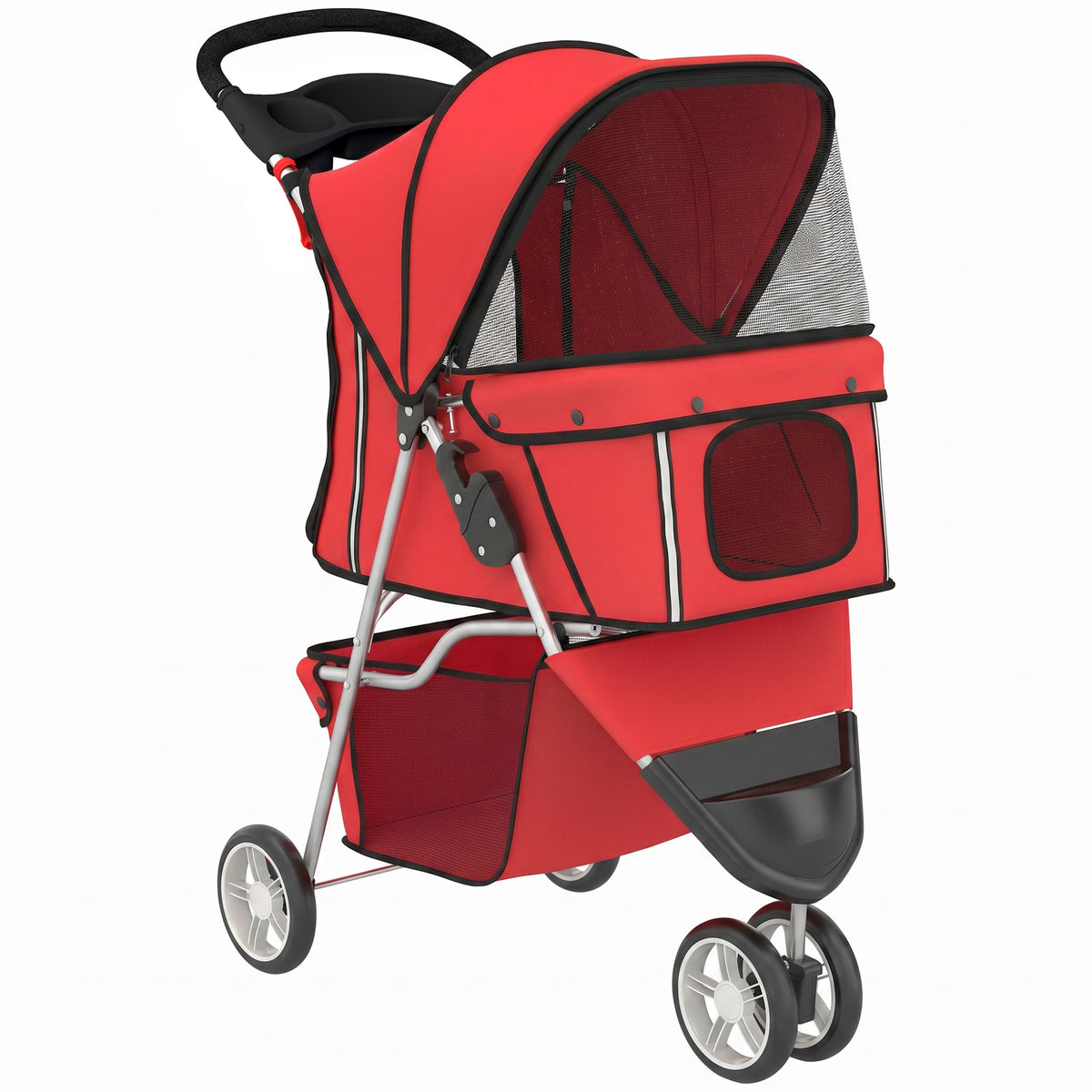 Poussette pour Chien 4 Roues, Chariot Pliable avec Auvent Réglable, Panier de Rangement, 77x44x102cm, Rouge